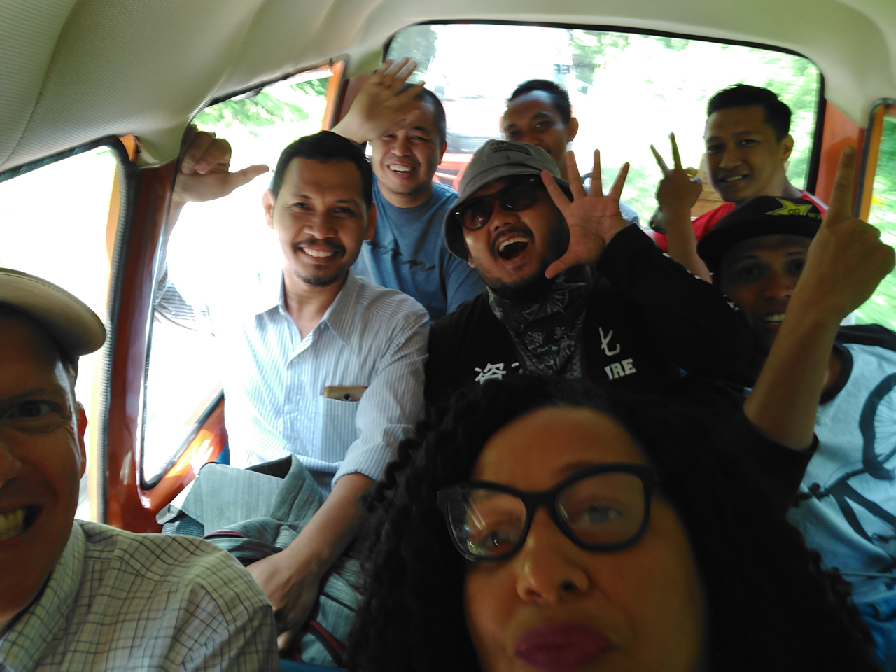 selfie group shot on bus